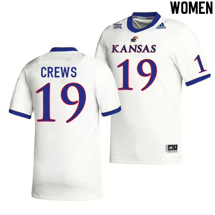Women #19 TJ Crews Kansas Jayhawks College Football Jerseys Stitched Sale-White